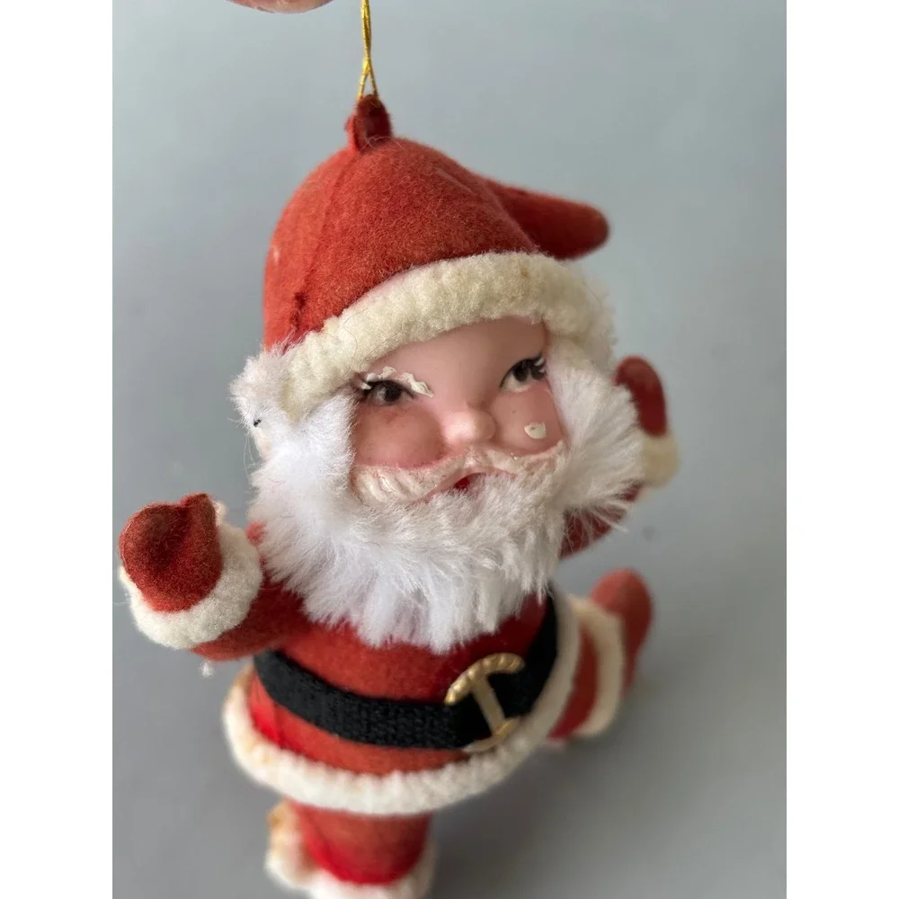 Vintage Mid Century Flocked Santa Claus Christmas Ornament Red White